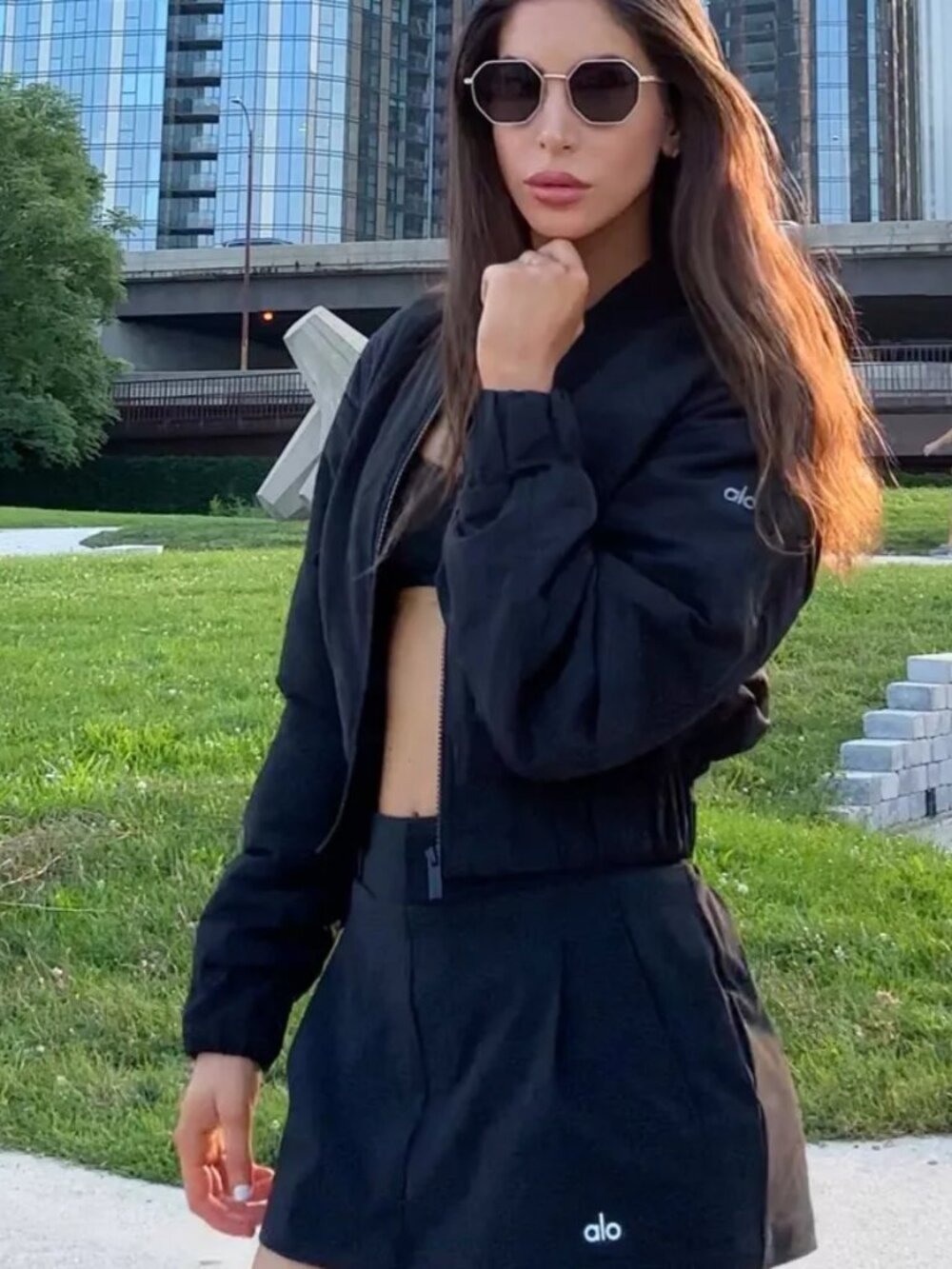 Alo Cropped Break Line Bomber Jacket Black size small